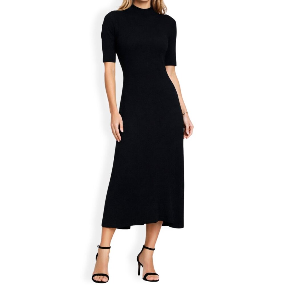 ELIE TAHARI Black Fit & Flare Midi Rib Knit Sweater Dress Medium Short Sleeve